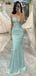 Elegant Light Blue Mermaid Sweetheart Spaghetti Straps Backless Applique Sequin Maxi Long Party Prom Gowns,Evening Dresses,FM21