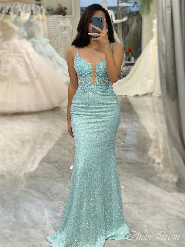 Elegant Light Blue Mermaid Sweetheart Spaghetti Straps Backless Applique Sequin Maxi Long Party Prom Gowns,Evening Dresses,FM21