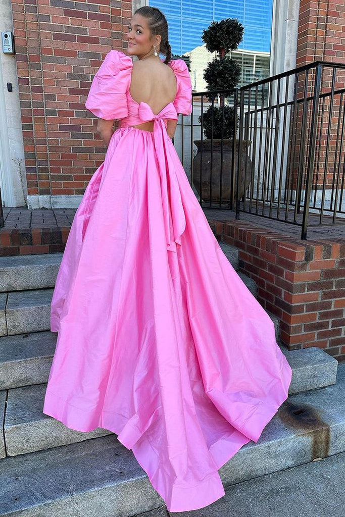 Unique Pink A-Line Cap Shoulder Maxi Long Party Prom Dresses, Evening Gowns, FM199