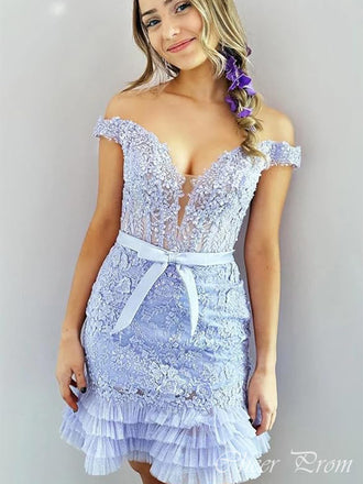 Cute Sheath Off-Shoulder Flower Lace Popular Short Homecoming Prom Dress, CPH251