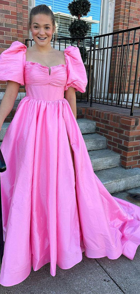 Unique Pink A-Line Cap Shoulder Maxi Long Party Prom Dresses, Evening Gowns, FM199