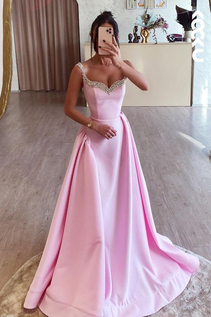 Gorgeous Pink A-Line Spaghetti Straps V Neck Beads Maxi Long Party Prom Dresses, Evening Gowns, FM200