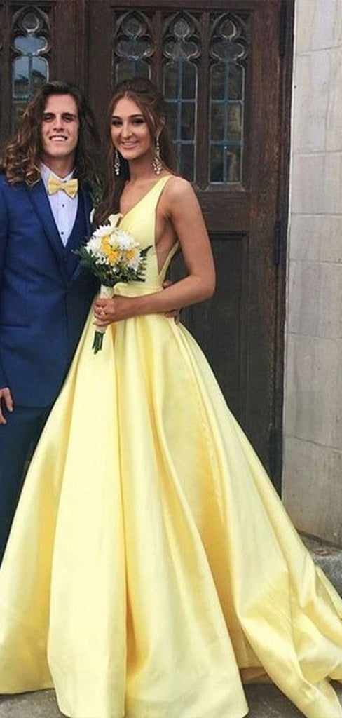 Elegant Yellow A-Line Spaghetti Straps V Neck Maxi Long Party Prom Dresses, Evening Gowns, FM203