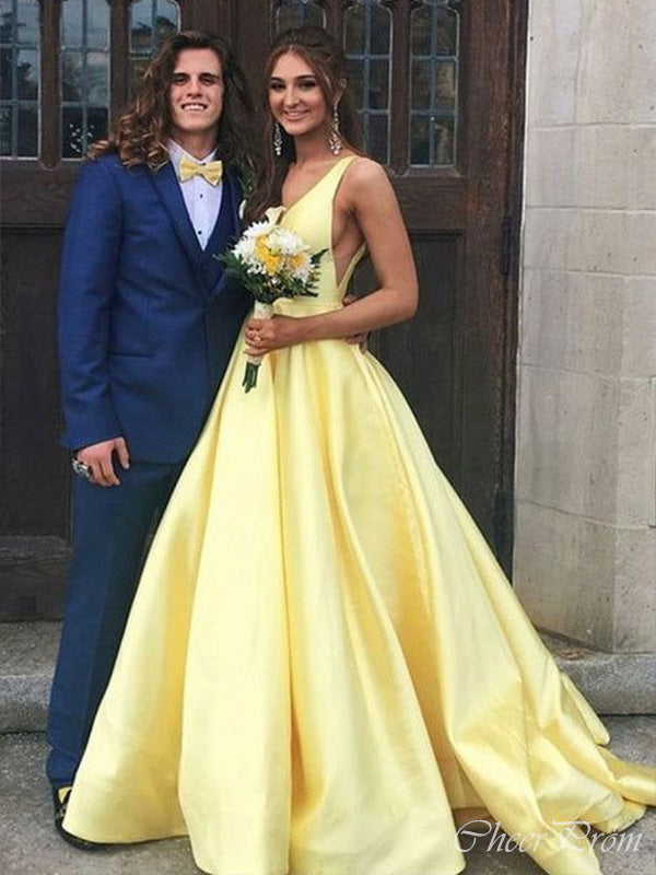 Elegant Yellow A-Line Spaghetti Straps V Neck Maxi Long Party Prom Dresses, Evening Gowns, FM203