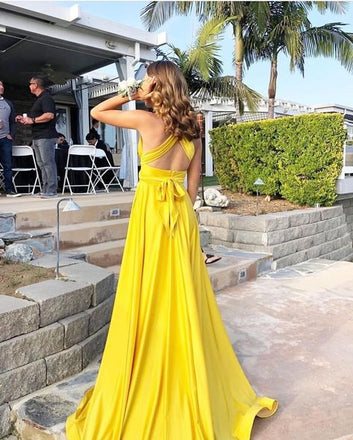 Charming Yellow A-Line Straps V Neck Side Slit Maxi Long Party Prom Dresses, Evening Gowns, FM205