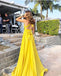 Charming Yellow A-Line Straps V Neck Side Slit Maxi Long Party Prom Dresses, Evening Gowns, FM205