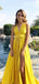 Charming Yellow A-Line Straps V Neck Side Slit Maxi Long Party Prom Dresses, Evening Gowns, FM205