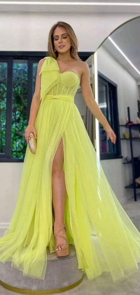 Unique Yellow A-Line One Shoulder Side Slit Maxi Long Party Prom Dresses, Evening Gowns, FM206