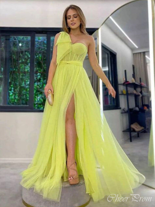 Unique Yellow A-Line One Shoulder Side Slit Maxi Long Party Prom Dresses, Evening Gowns, FM206