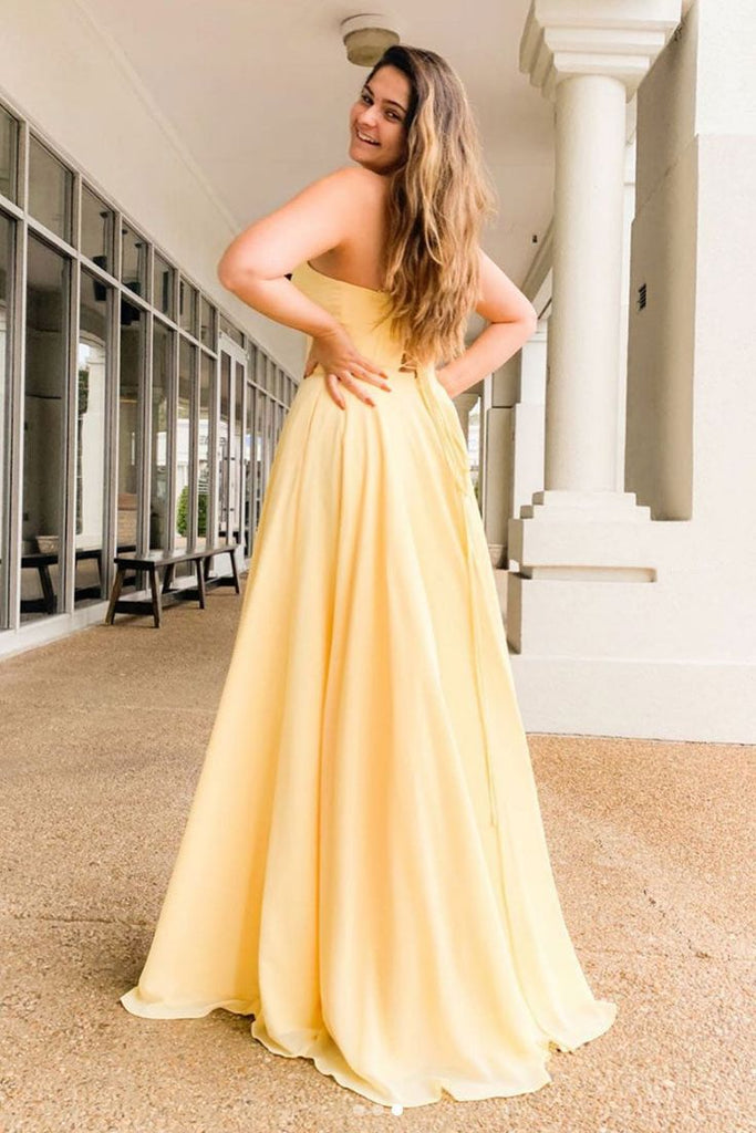 Elegant Yellow A-Line Sweetheart Sleeveless Side Slit Maxi Long Party Prom Dresses, Evening Gowns, FM207