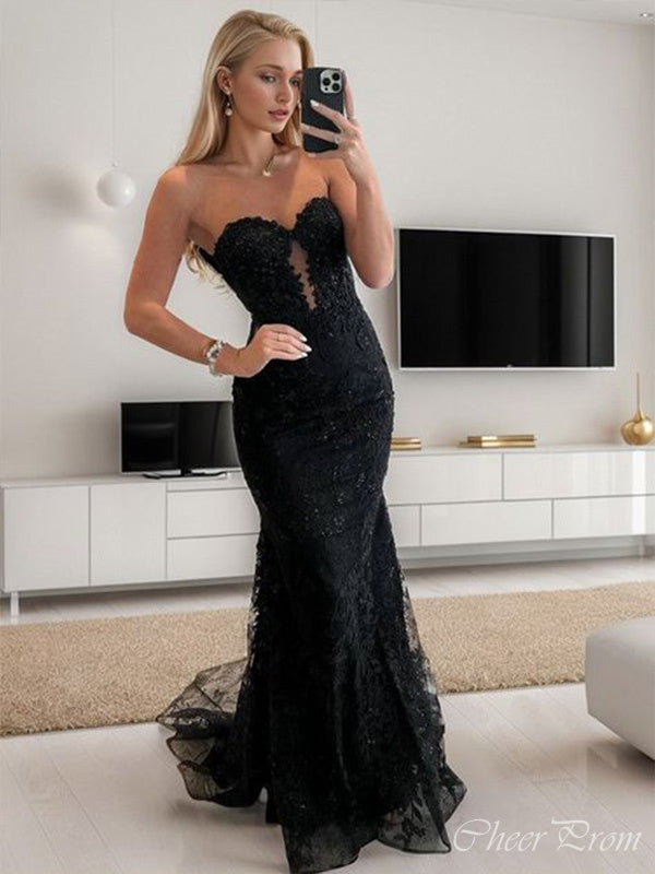 Sexy Black Mermaid Sweetheart Sleeveless Lace Maxi Long Party Prom Dresses, Evening Gowns, FM208