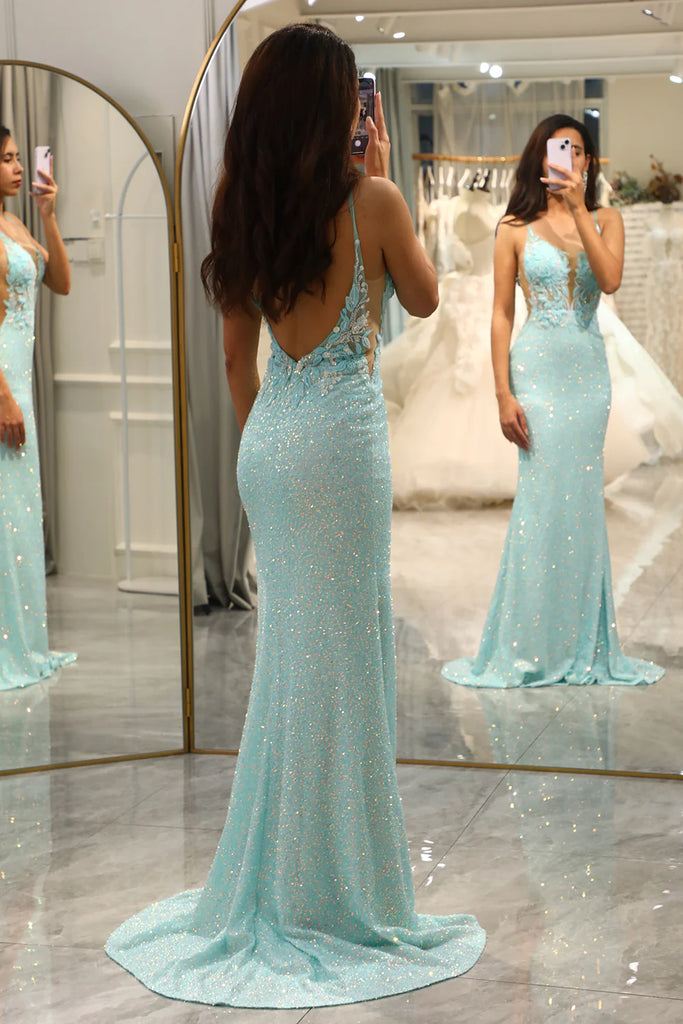 Elegant Light Blue Mermaid Sweetheart Spaghetti Straps Backless Applique Sequin Maxi Long Party Prom Gowns,Evening Dresses,FM21