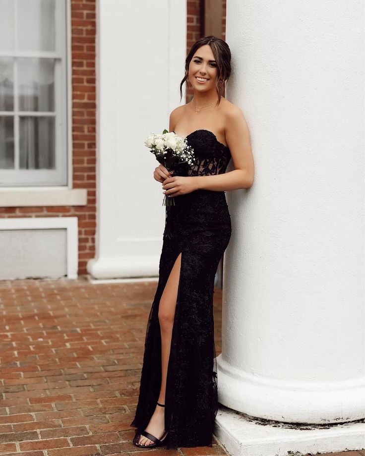 Sexy Black Mermaid Sweetheart Sleeveless Side Slit Lace Maxi Long Party Prom Dresses, Evening Gowns, FM209