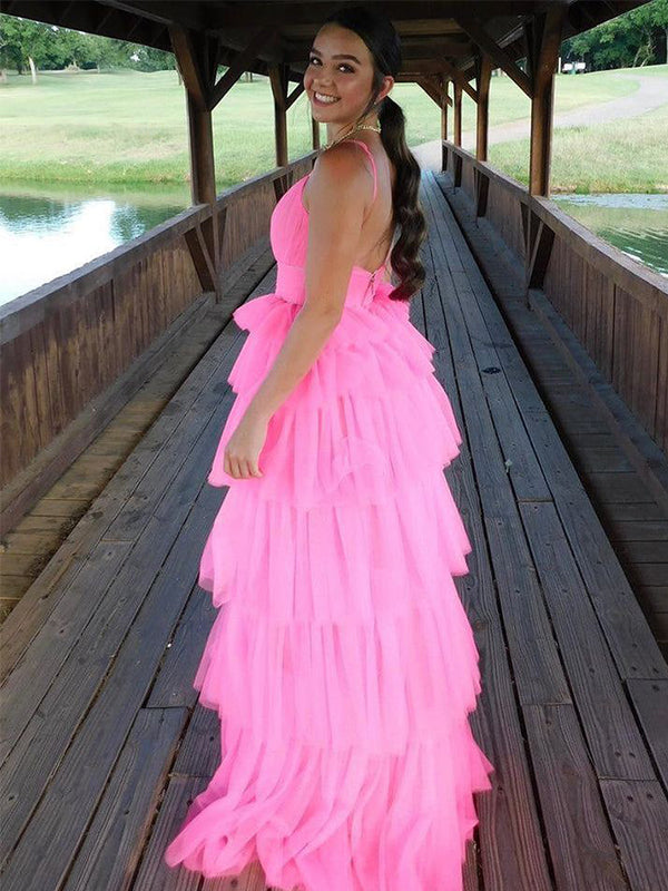 Elegant Pink A-Line Spaghetti Straps Sleeveless Ruffle Maxi Long Party Prom Dresses, Evening Gowns, FM210