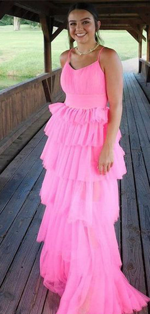 Elegant Pink A-Line Spaghetti Straps Sleeveless Ruffle Maxi Long Party Prom Dresses, Evening Gowns, FM210