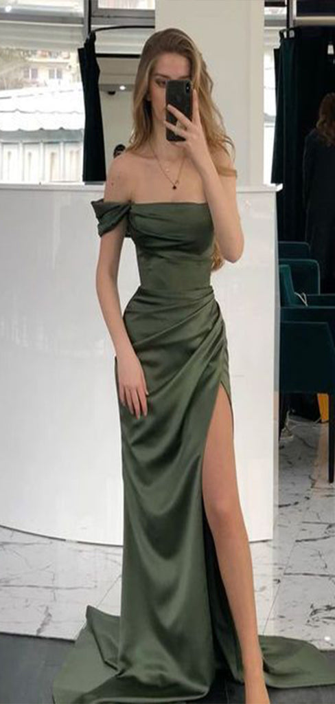 Sexy Dark Green Mermaid Off Shoulder Side Slit Maxi Long Party Prom Dresses, Evening Gowns, FM216