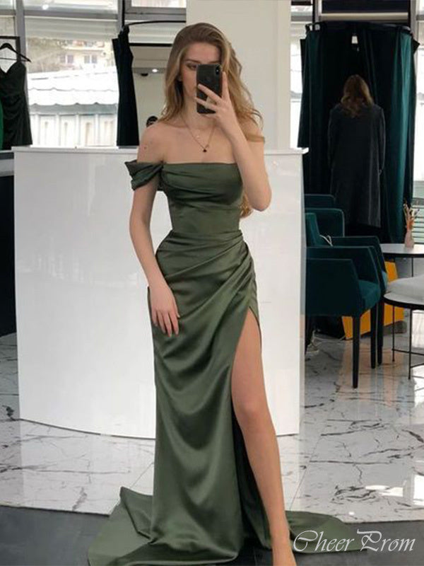 Sexy Dark Green Mermaid Off Shoulder Side Slit Maxi Long Party Prom Dresses, Evening Gowns, FM216