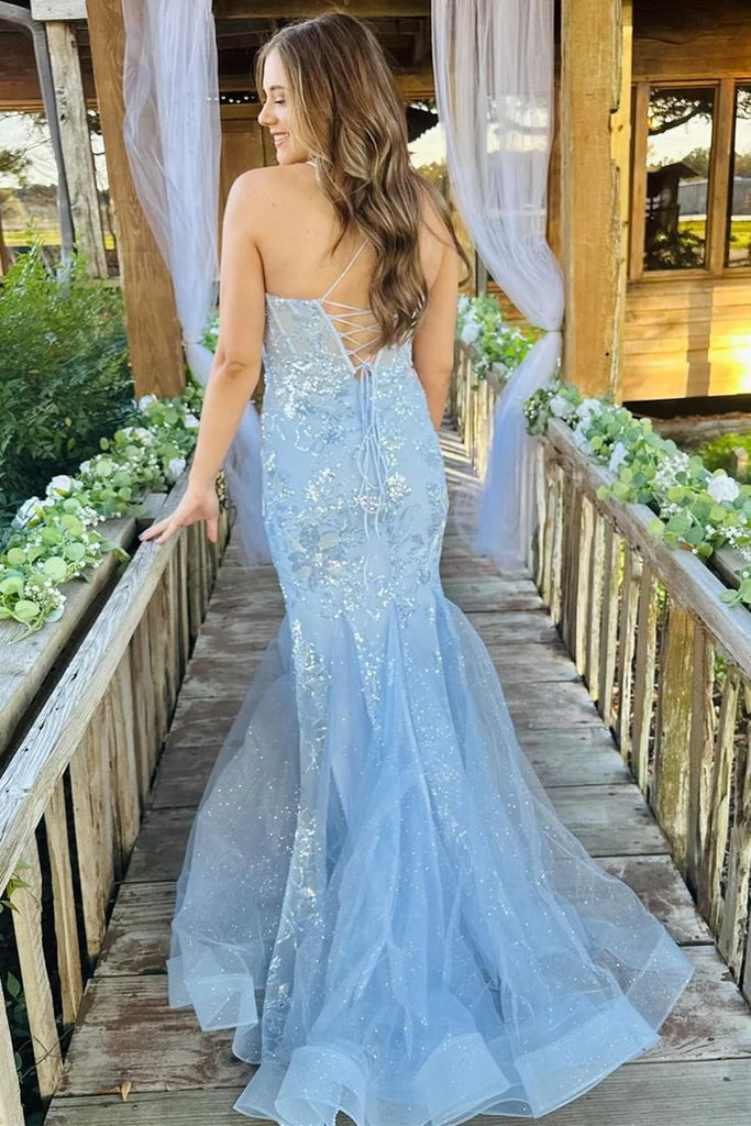 Gorgeous Mermaid Halter Sleeveless Applique Sequin Maxi Long Party Prom Gowns,Evening Dresses,FM22