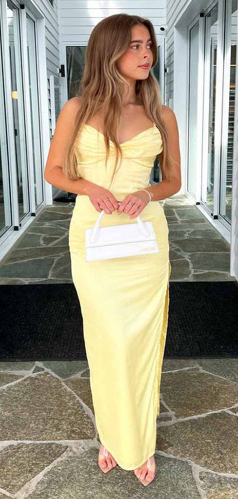 Sexy Yellow Mermaid Spaghetti Straps Sleeveless Side Slit Maxi Long Party Prom Dresses, Evening Gowns, FM219