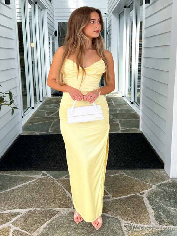 Sexy Yellow Mermaid Spaghetti Straps Sleeveless Side Slit Maxi Long Party Prom Dresses, Evening Gowns, FM219