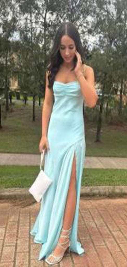 Simple Blue Mermaid Sweetheart Sleeveless Side Slit Maxi Long Party Prom Dresses, Evening Gowns, FM223