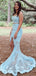 Two Pieces Blue Mermaid Spaghetti Straps Sleeveless Front Slit Lace Maxi Long Party Prom Dresses, Evening Gowns, FM224