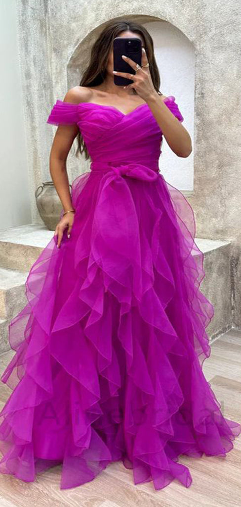 Gorgeous Purple A-Line Sweetheart Off Shoulder Ruffle Maxi Long Party Prom Dresses, Evening Gowns, FM228