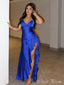 Sexy Blue Side Slit Spaghetti Straps Long Dress, Evening Gowns, Formal Evening Gowns, Birthday Party, FM388