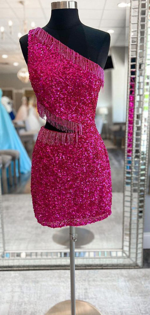 Shiny One Shoulder Sleeveless Sequin Popular Short Homecoming Prom Dress, CPH189