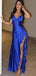 Sexy Blue Side Slit Spaghetti Straps Long Dress, Evening Gowns, Formal Evening Gowns, Birthday Party, FM388