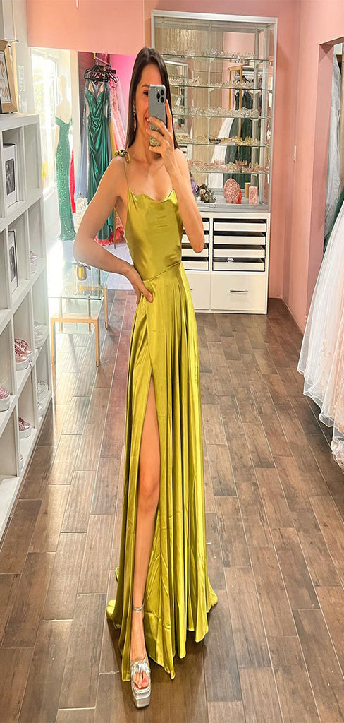 Simple Gold A-Line Spaghetti Straps Side Slit Maxi Long Party Prom Gowns,Evening Dresses,FM24