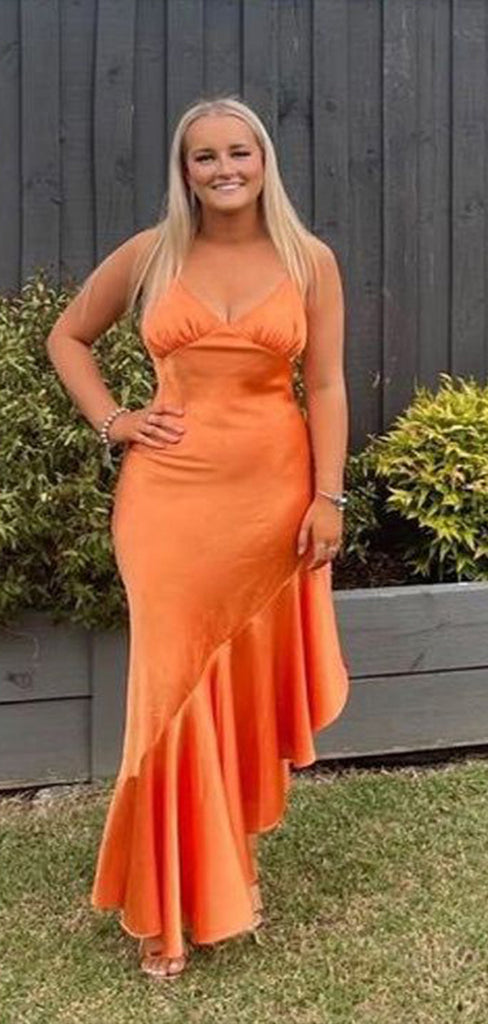 Unique Orange Mermaid Spaghetti Straps V Neck Sleeveless Ruffle Maxi Long Party Prom Dresses, Evening Gowns, FM231