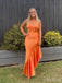 Unique Orange Mermaid Spaghetti Straps V Neck Sleeveless Ruffle Maxi Long Party Prom Dresses, Evening Gowns, FM231