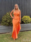 Unique Orange Mermaid Spaghetti Straps V Neck Sleeveless Ruffle Maxi Long Party Prom Dresses, Evening Gowns, FM231