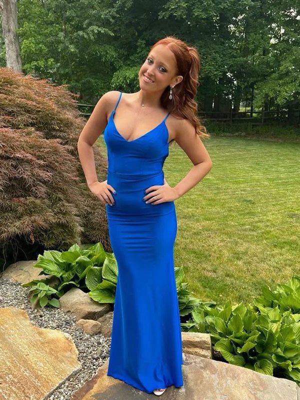 Charming Blue Mermaid Spaghetti Straps V Neck Sleeveless Backless Maxi Long Party Prom Dresses, Evening Gowns, FM234