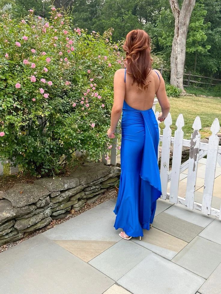 Charming Blue Mermaid Spaghetti Straps V Neck Sleeveless Backless Maxi Long Party Prom Dresses, Evening Gowns, FM234