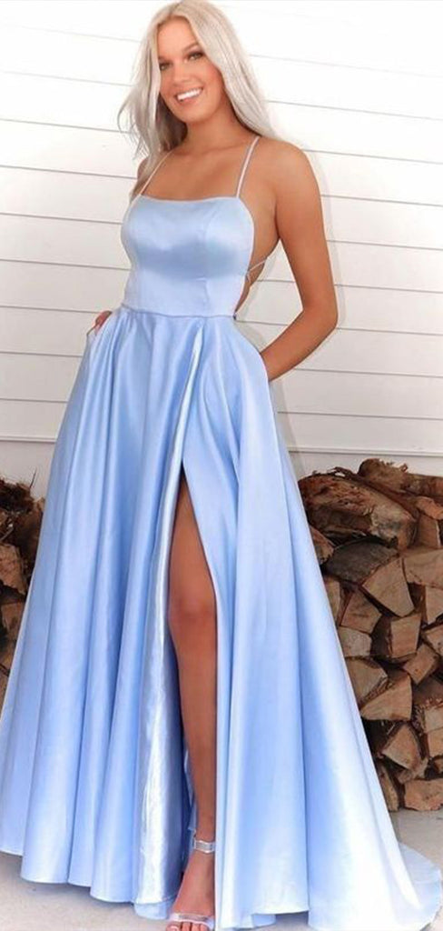 Gorgeous Light Blue A-Line Spaghetti Straps Square Sleeveless Side Slit Maxi Long Party Prom Dresses, Evening Gowns, FM235