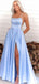 Gorgeous Light Blue A-Line Spaghetti Straps Square Sleeveless Side Slit Maxi Long Party Prom Dresses, Evening Gowns, FM235