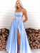 Gorgeous Light Blue A-Line Spaghetti Straps Square Sleeveless Side Slit Maxi Long Party Prom Dresses, Evening Gowns, FM235