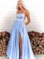 Gorgeous Light Blue A-Line Spaghetti Straps Square Sleeveless Side Slit Maxi Long Party Prom Dresses, Evening Gowns, FM235