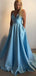 Elegant Blue A-Line Spaghetti Straps V Neck Sleeveless Maxi Long Party Prom Dresses, Evening Gowns, FM236