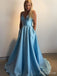 Elegant Blue A-Line Spaghetti Straps V Neck Sleeveless Maxi Long Party Prom Dresses, Evening Gowns, FM236