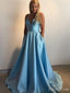 Elegant Blue A-Line Spaghetti Straps V Neck Sleeveless Maxi Long Party Prom Dresses, Evening Gowns, FM236