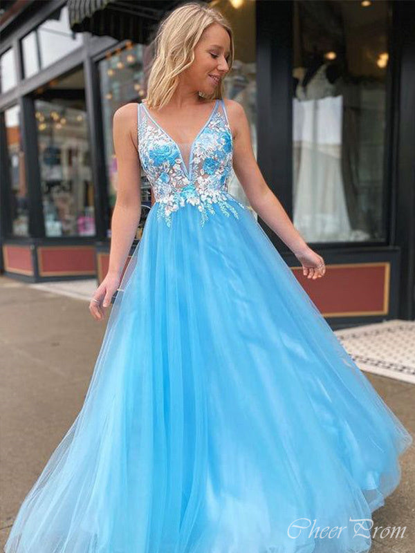 Gorgeous Blue A-Line Straps V Neck Sleeveless Lace Maxi Long Party Prom Dresses, Evening Gowns, FM237