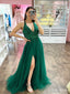 Gorgeous Emerald Green A-Line Halter V Neck Side Slit Sequin Maxi Long Party Prom Gowns,Evening Dresses,FM25