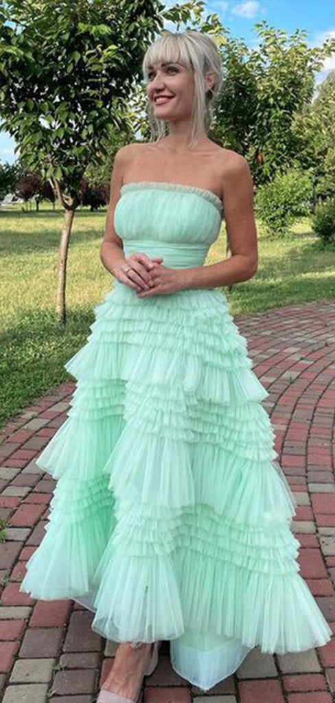 Elegant Green A-Line Strapless Sleeveless Lace Up Ruffle Maxi Long Party Prom Dresses, Evening Gowns, FM241