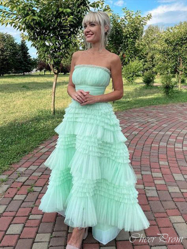 Elegant Green A-Line Strapless Sleeveless Lace Up Ruffle Maxi Long Party Prom Dresses, Evening Gowns, FM241