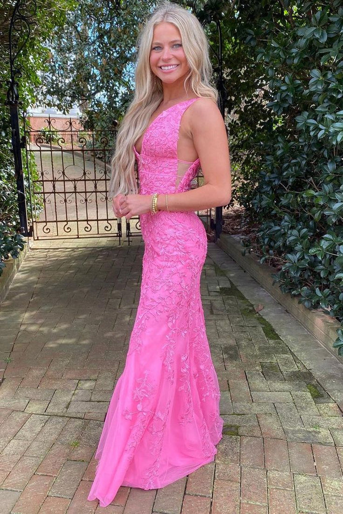 Gorgeous Pink Mermaid Straps V Neck Sleeveless Lace Maxi Long Party Prom Dresses, Evening Gowns, FM243