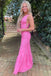 Gorgeous Pink Mermaid Straps V Neck Sleeveless Lace Maxi Long Party Prom Dresses, Evening Gowns, FM243