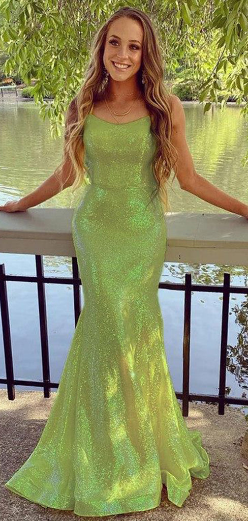 Charming Green Mermaid Spaghetti Straps Sleeveless Sequin Maxi Long Party Prom Dresses, Evening Gowns, FM244